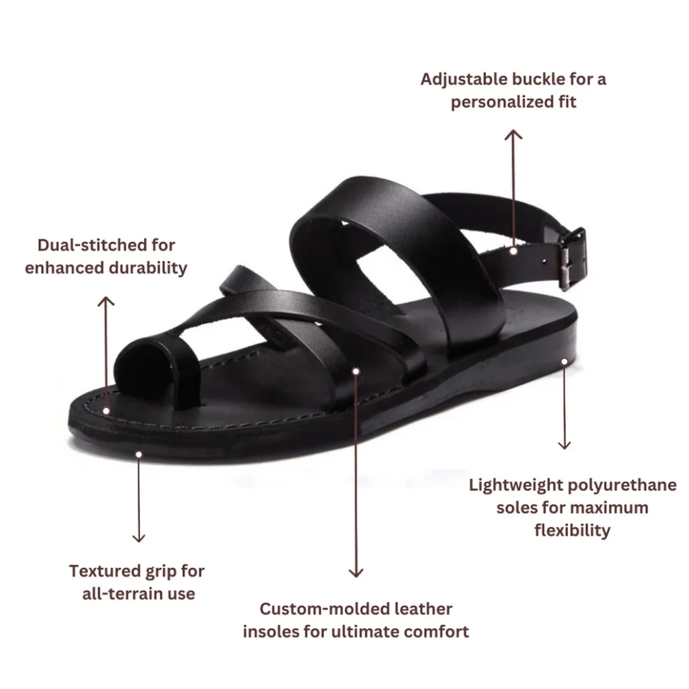 Jerusalem Amos Flat Sandals Ankle Strap Toe Loop‎ Adjustable Leather Black 13 46